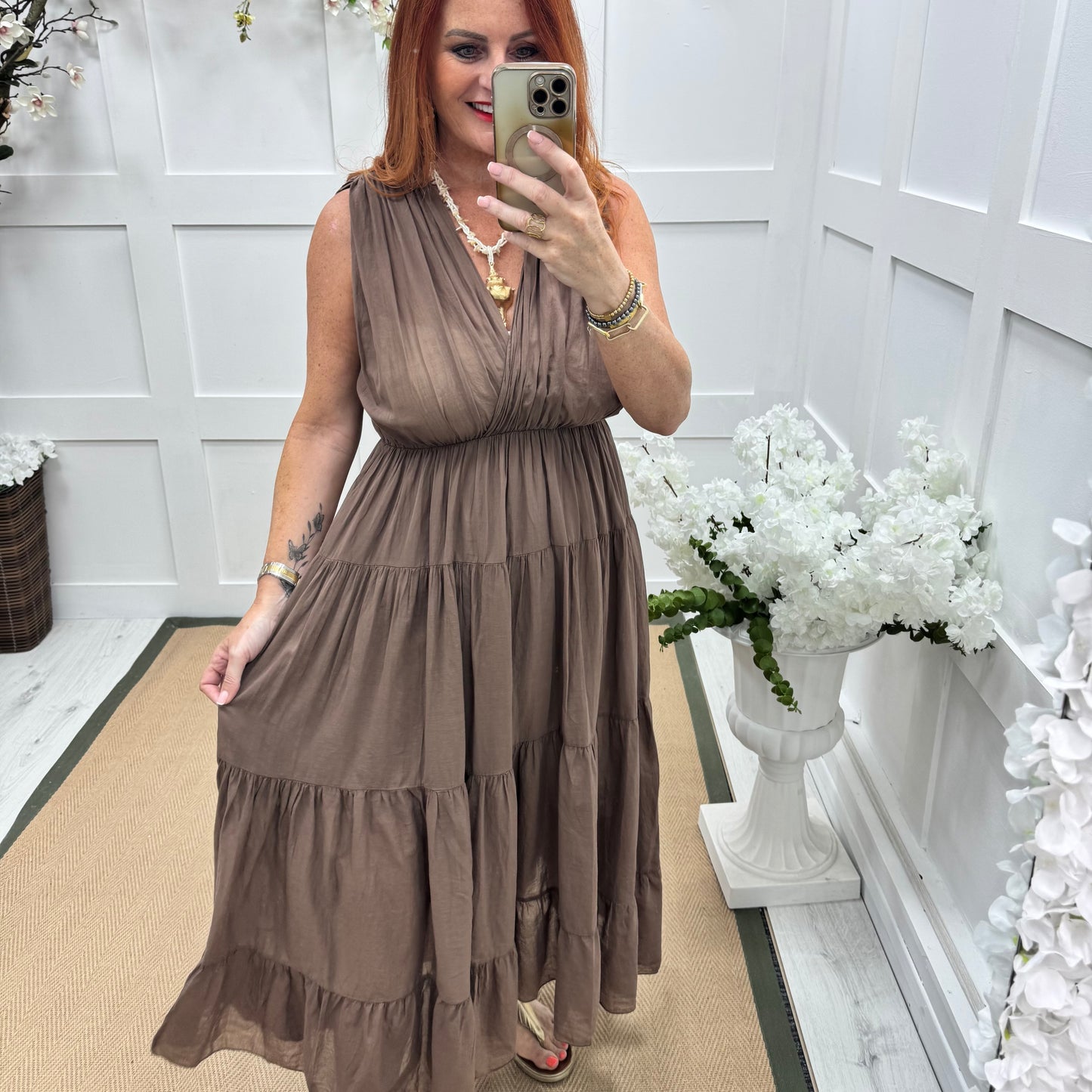Gaynor: Brown Grecian tiered maxi dress. One size 12-20