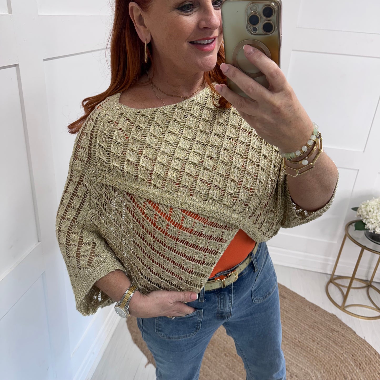 Maggie: Gold pattern stretchy lurex wrap top. One size: 10-18