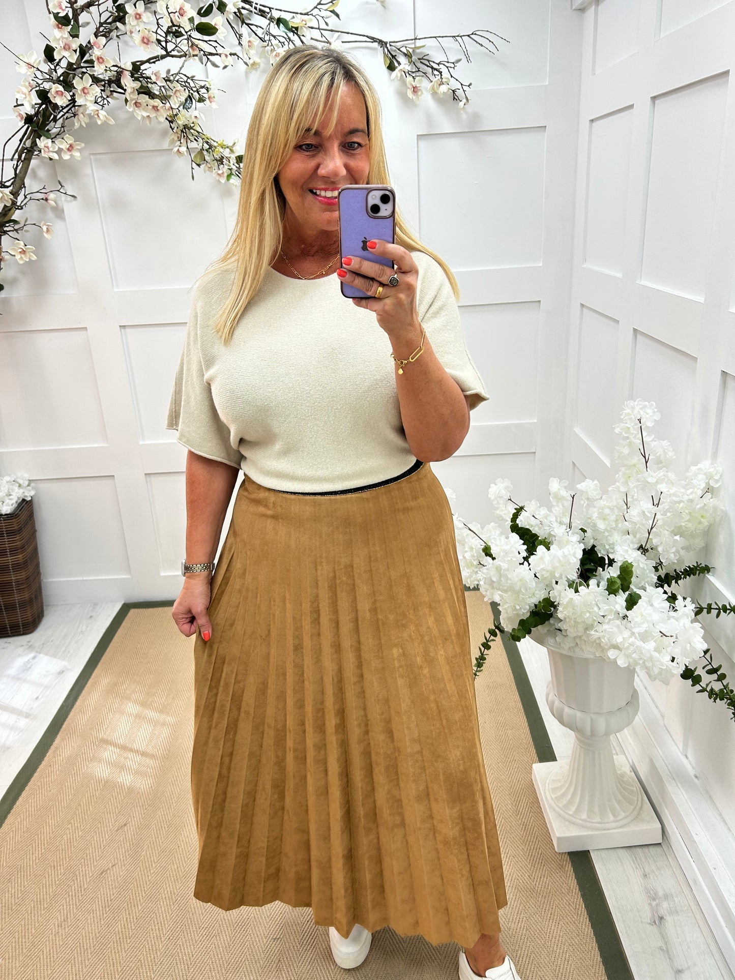 Mara: Tan suedette pleated maxi skirt. One size: 12-16