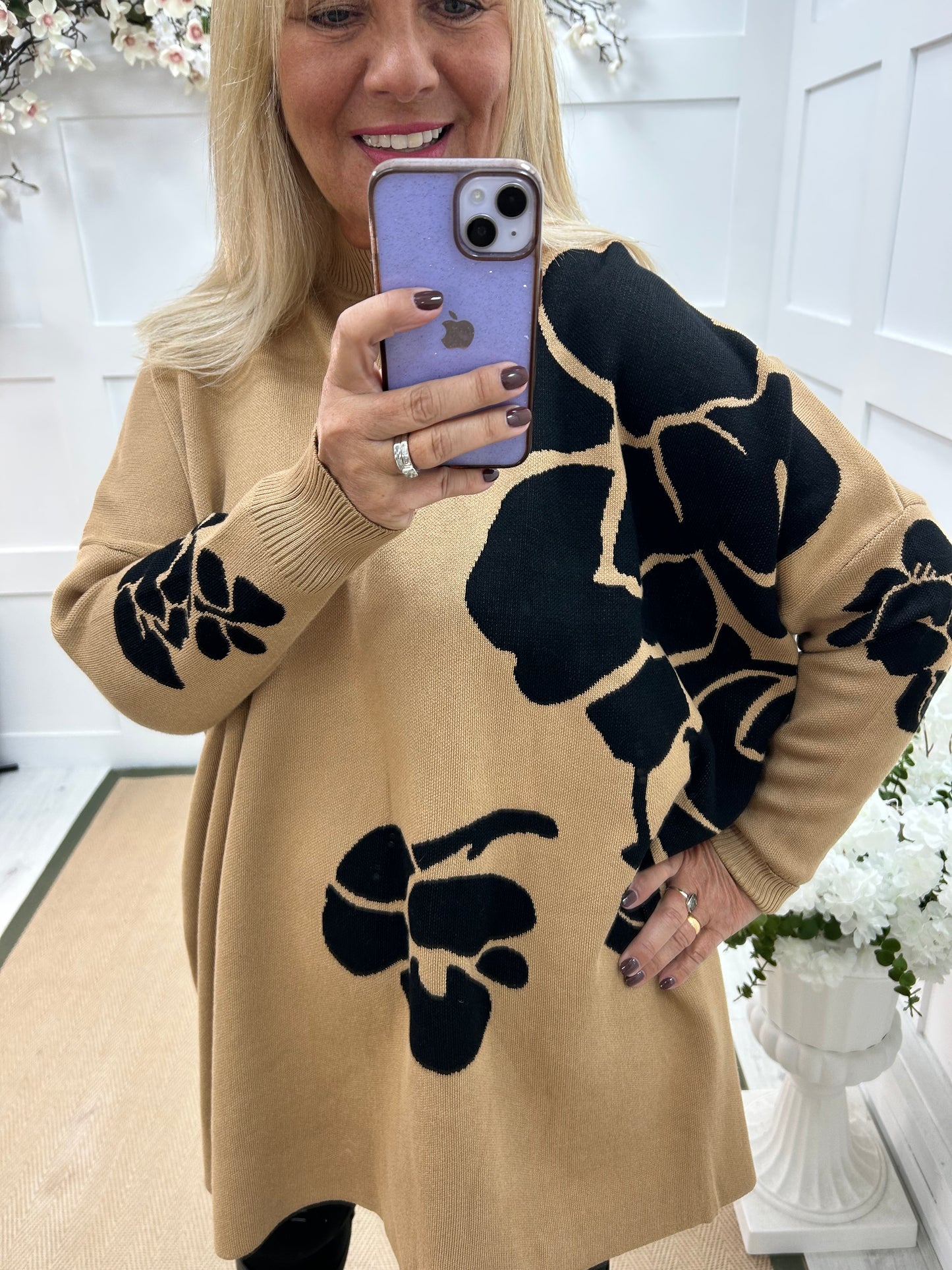 Esther: Camel oversized longline knit top. One Sz: 16-24