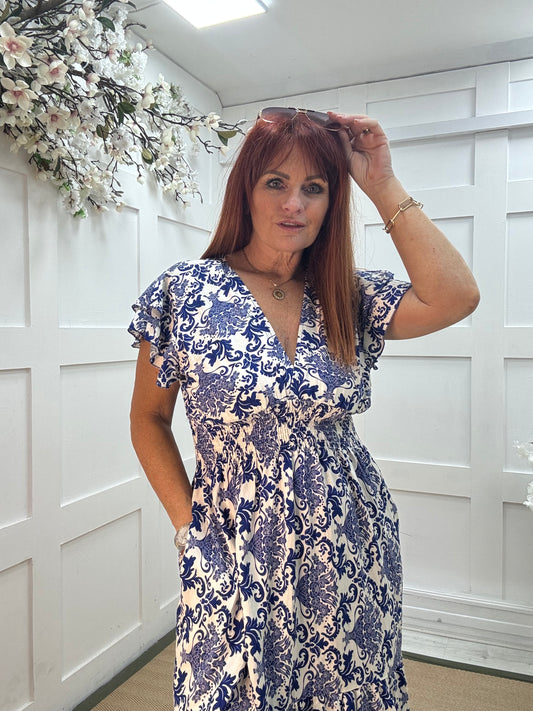 Robyn: Blue & white stretchy V neck midi dress. One size: 10-18