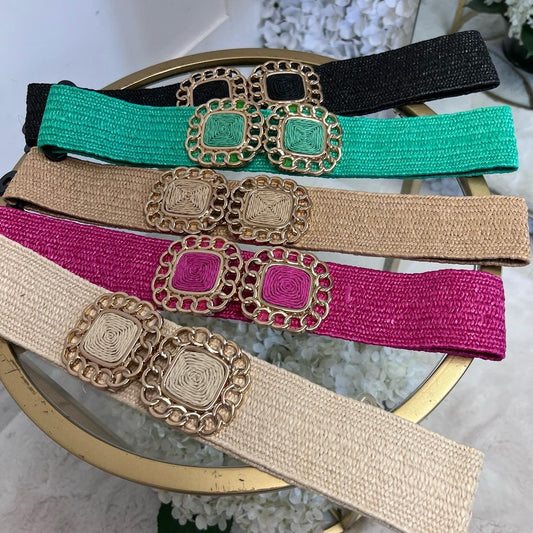 Ruthie: Stretchy raffia belt with gold buckle. One Size 10-18
