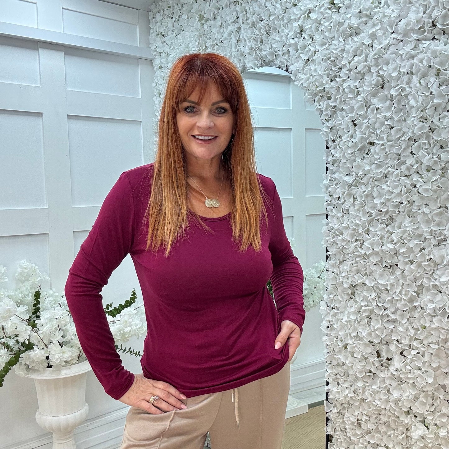 Bessie: Burgundy basic long sleeve top. One size: 10-16/18