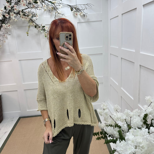 Kathy: Gold stretchy lurex ripped knit top. One size: 12-18