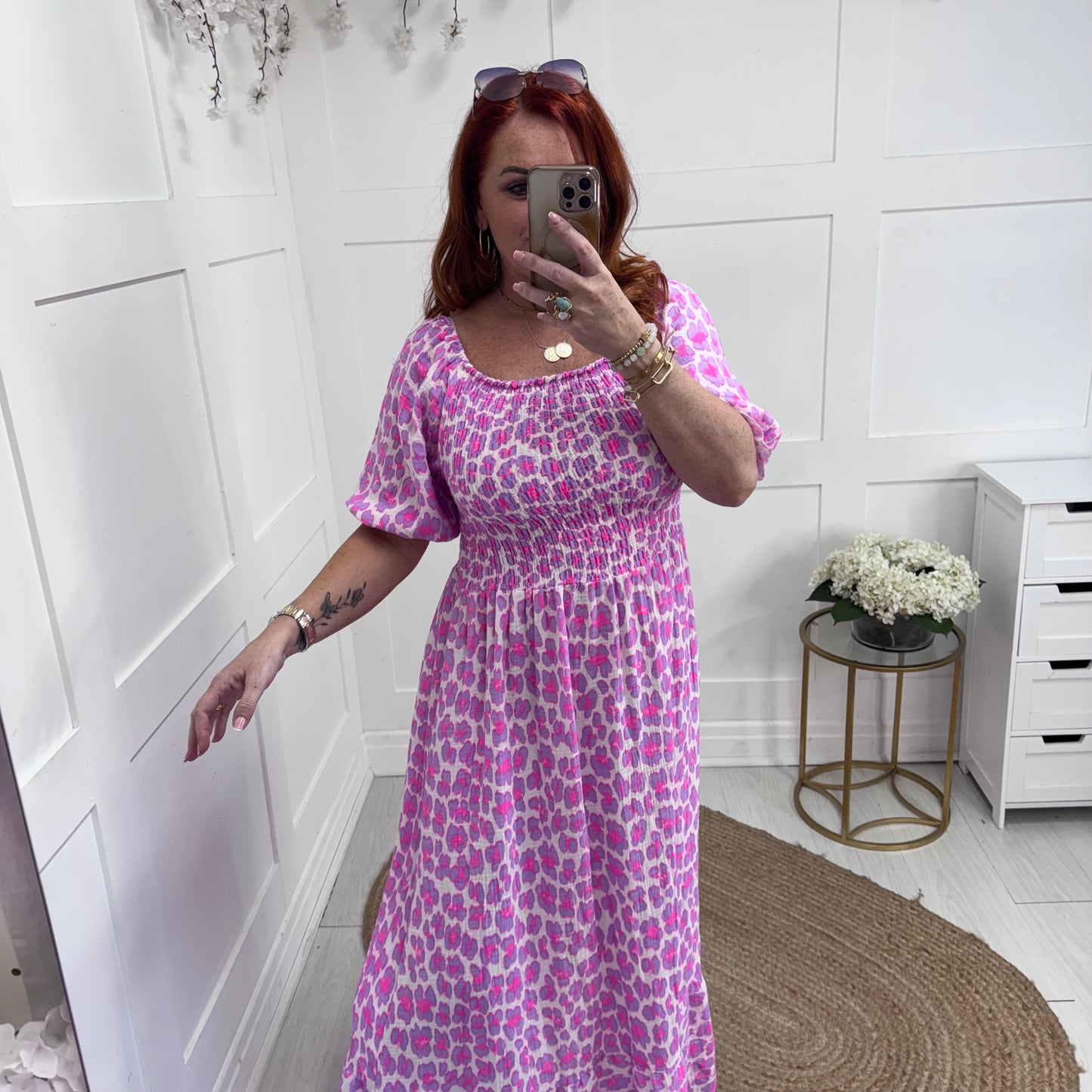 Cici: Lilac & pink leopard print stretchy maxi dress. One size: 10-22