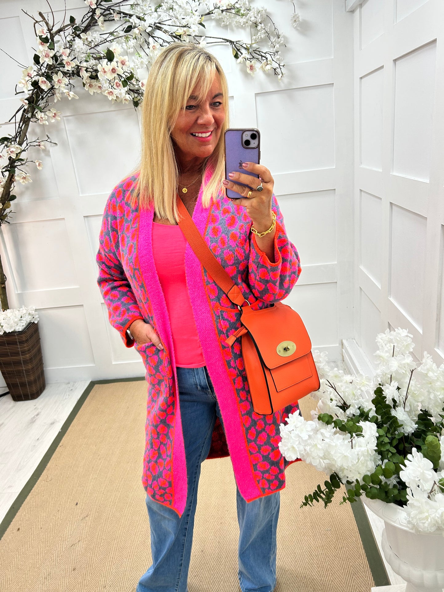 Scarlet: Pink & blue leopard print knit cardigan. One size 10-18
