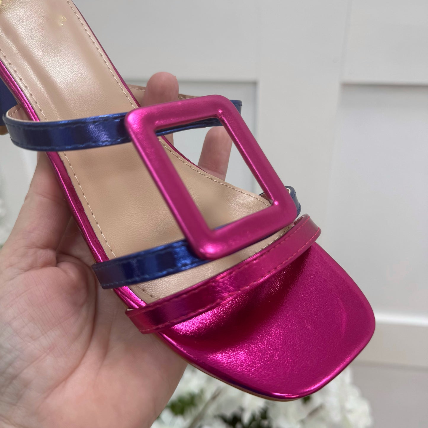 Rosa: Metallic pink & blue large buckle sandals. Sizes: 3-8
