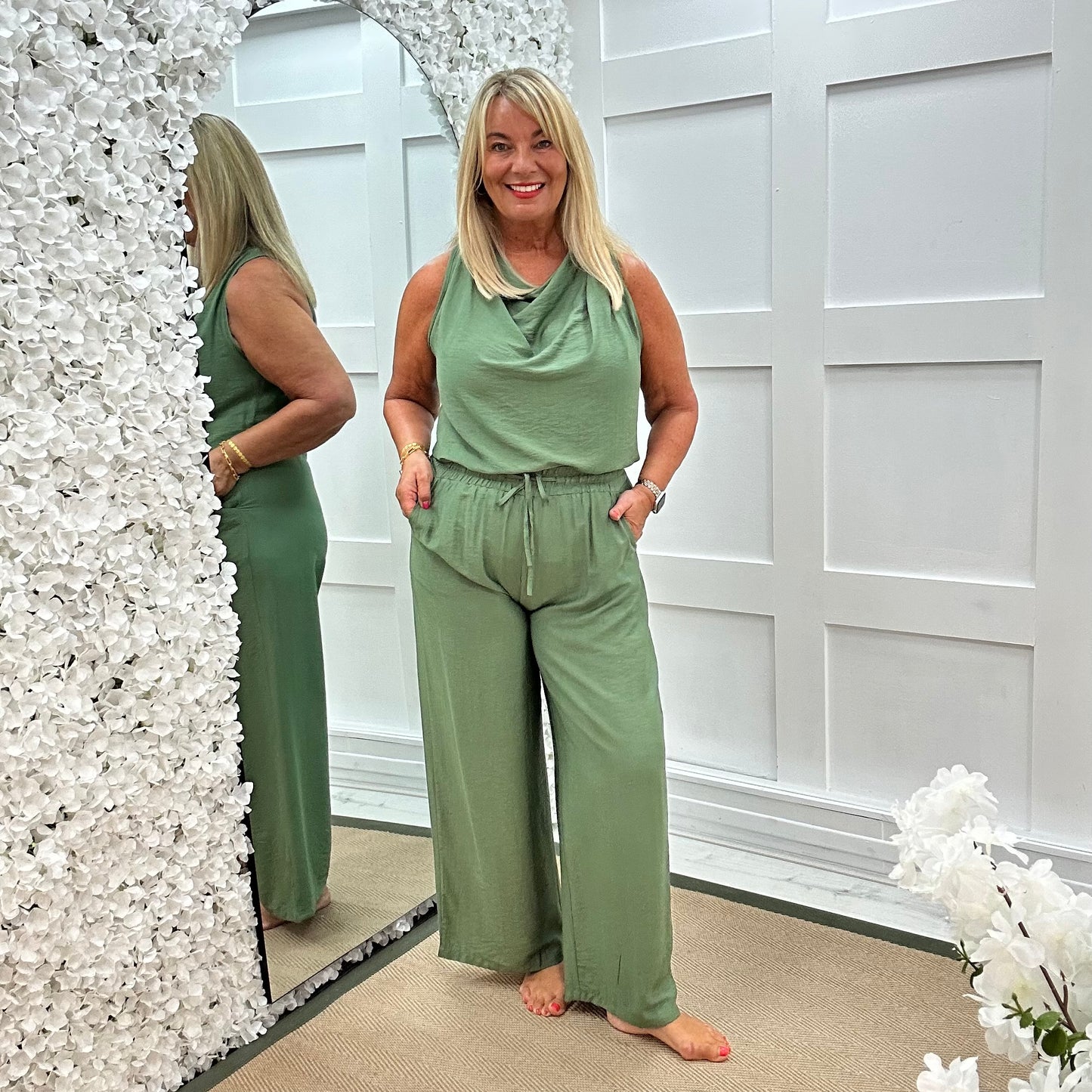 Melissa: Green cowl neck top & trouser co-ord set. One size: 12-18