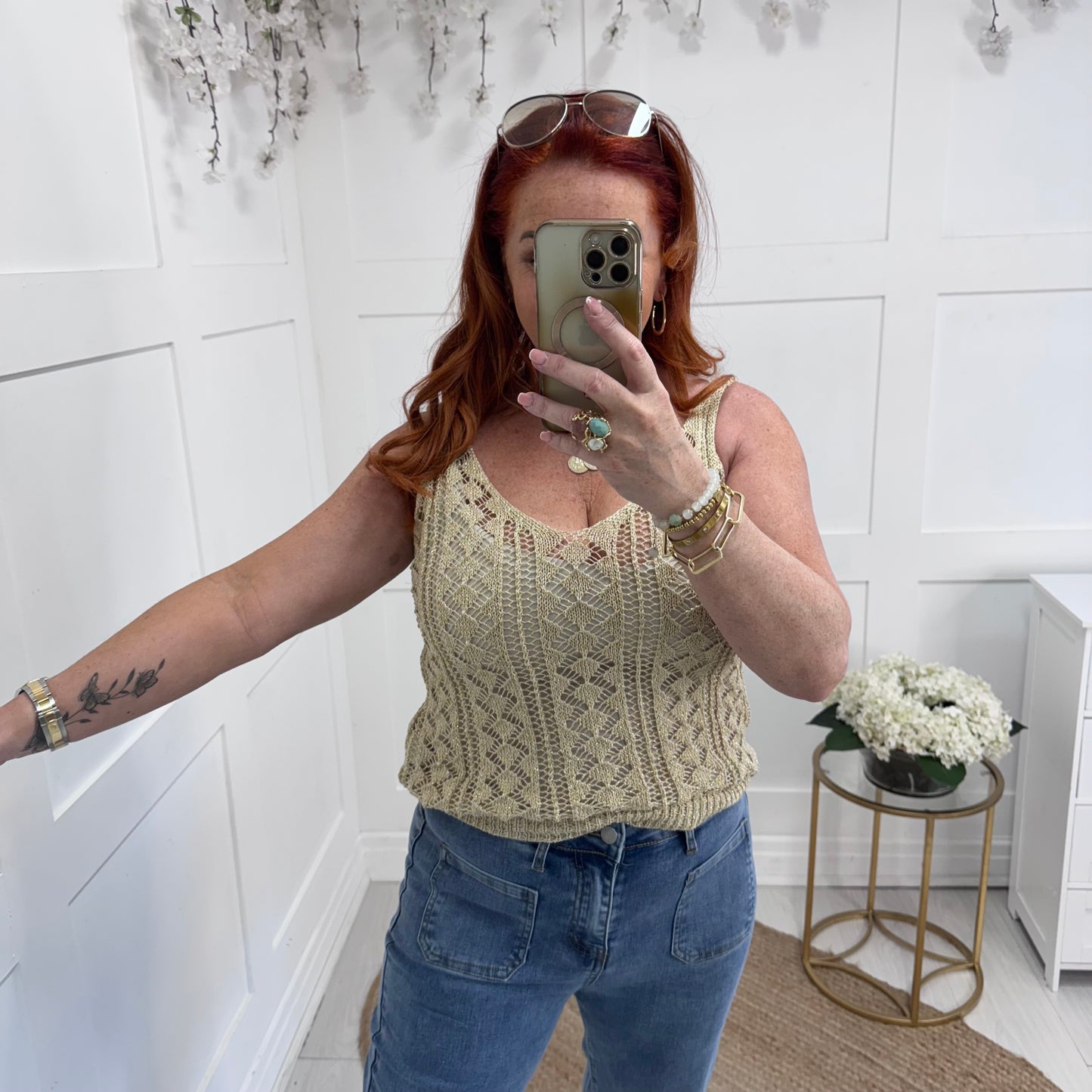 Gaynor: Gold lurex crochet vest top. One size: 10-14