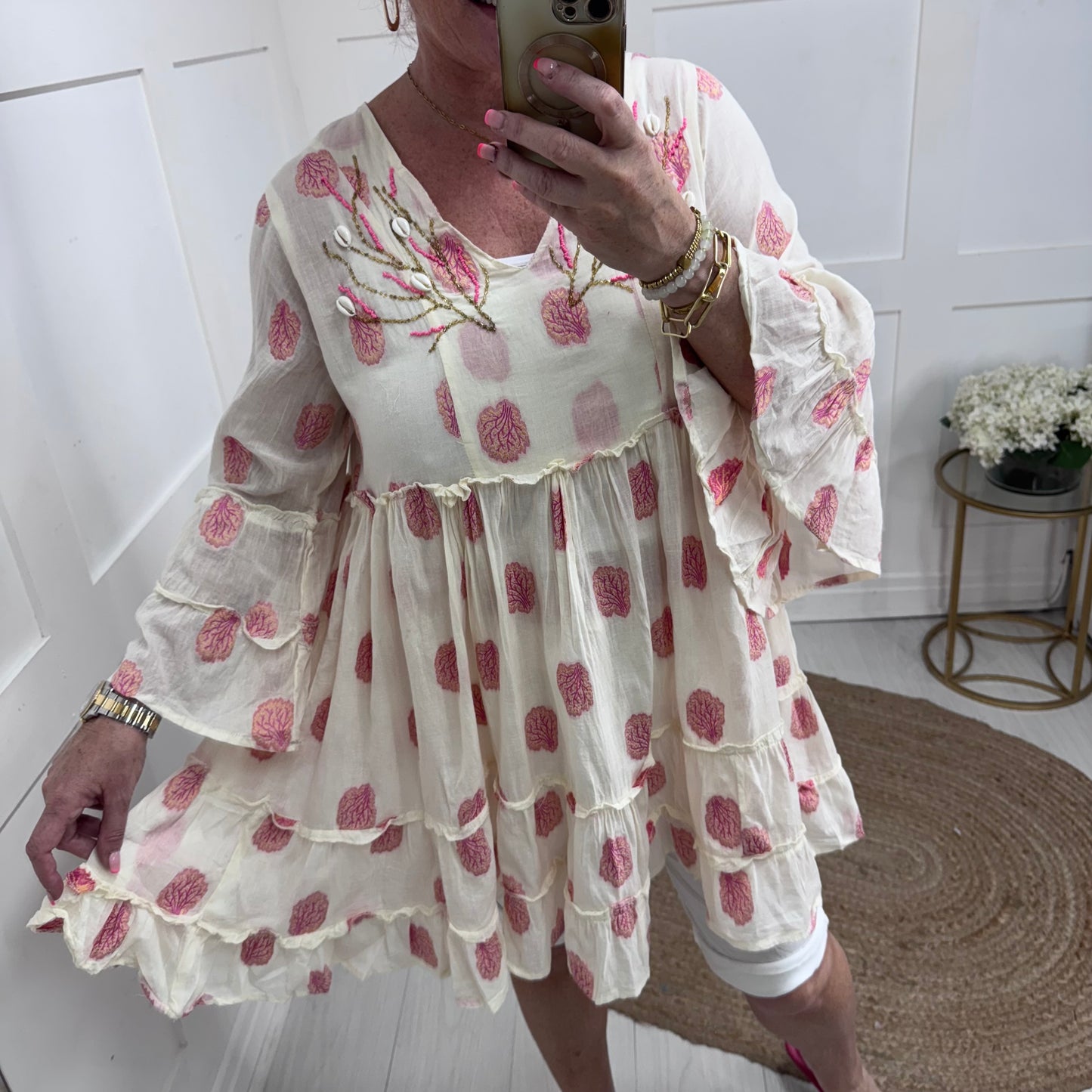 Lilia: Cream shell & embroidery tunic dress. One size: 12-16