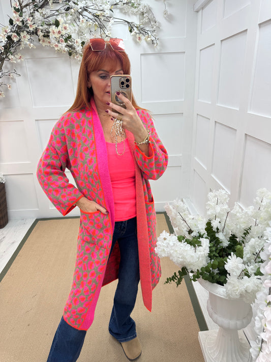 Scarlet: Pink & orange leopard print knit cardigan. One size 10-18