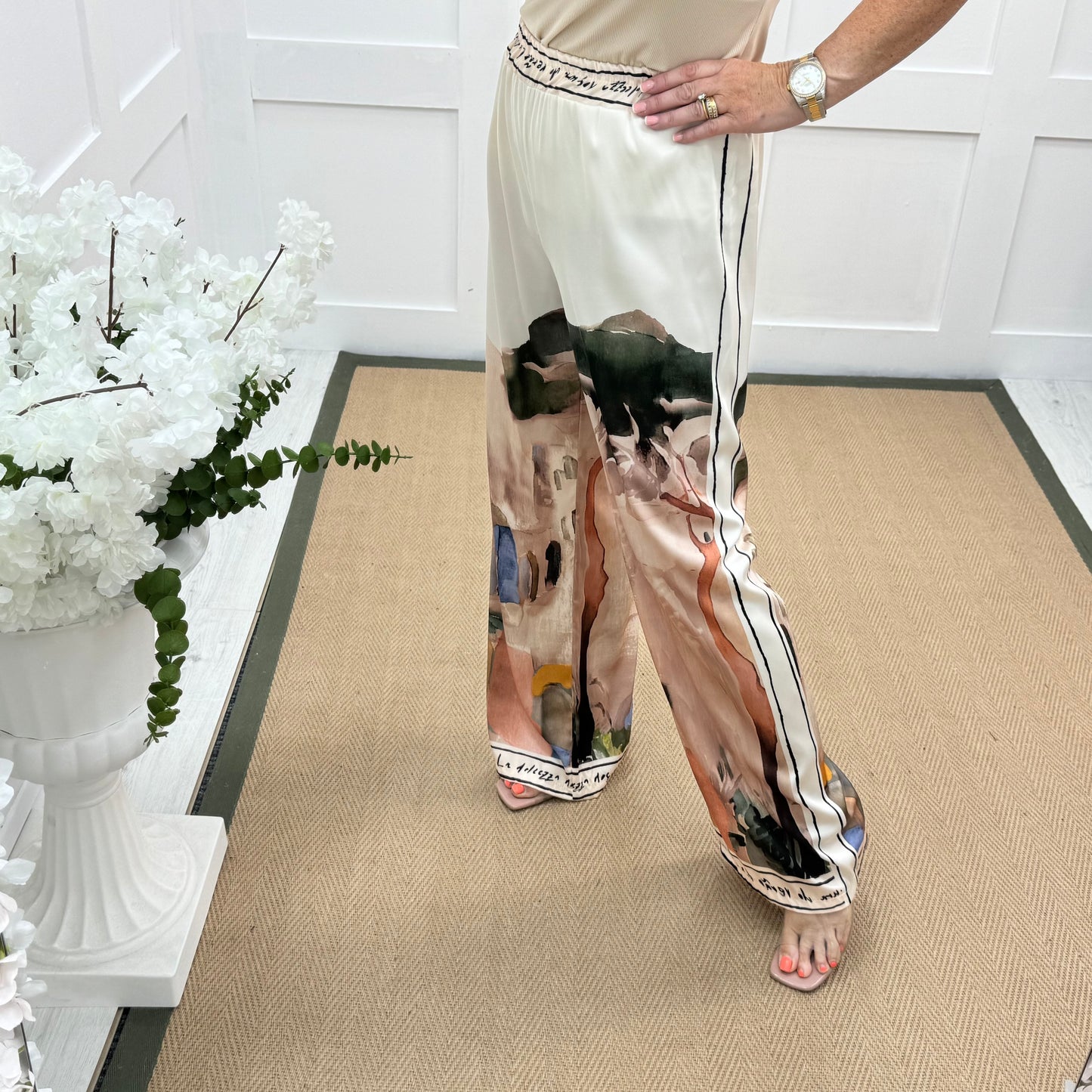 Sophia: Cream silk Amalfi wide leg trousers. One size: 10-16