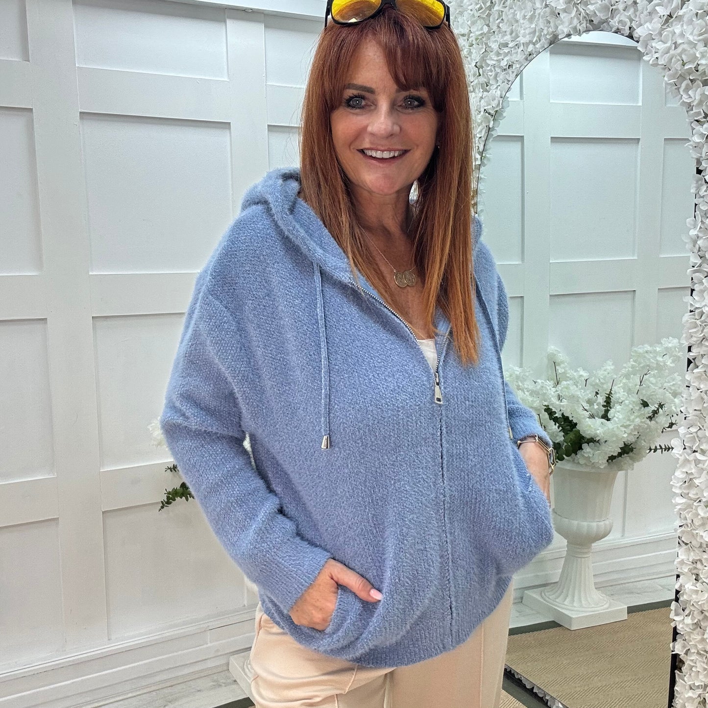Teddi: Blue soft knit hooded top. 2 sizes
