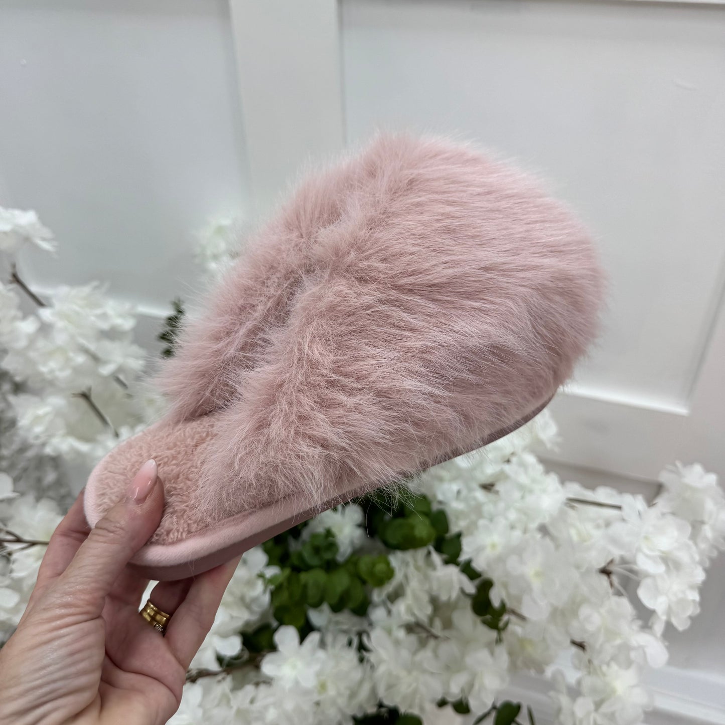 Trixi: Pink fluffy mule slippers. Sizes: 3-8