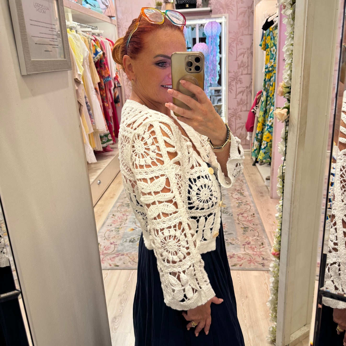 Amy: White crochet knit cardigan top. One size: 10-14