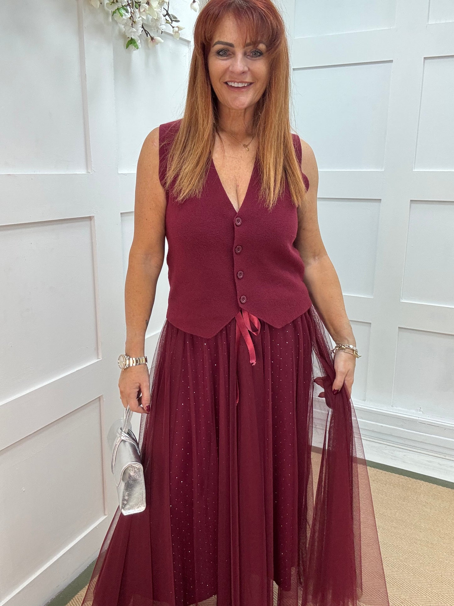 Linzi: Red diamanté tulle net skirt. One size 12-18