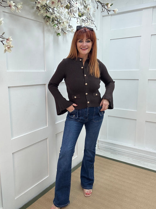 Verity: Brown gold button cardigan top. One Sz: 10-16