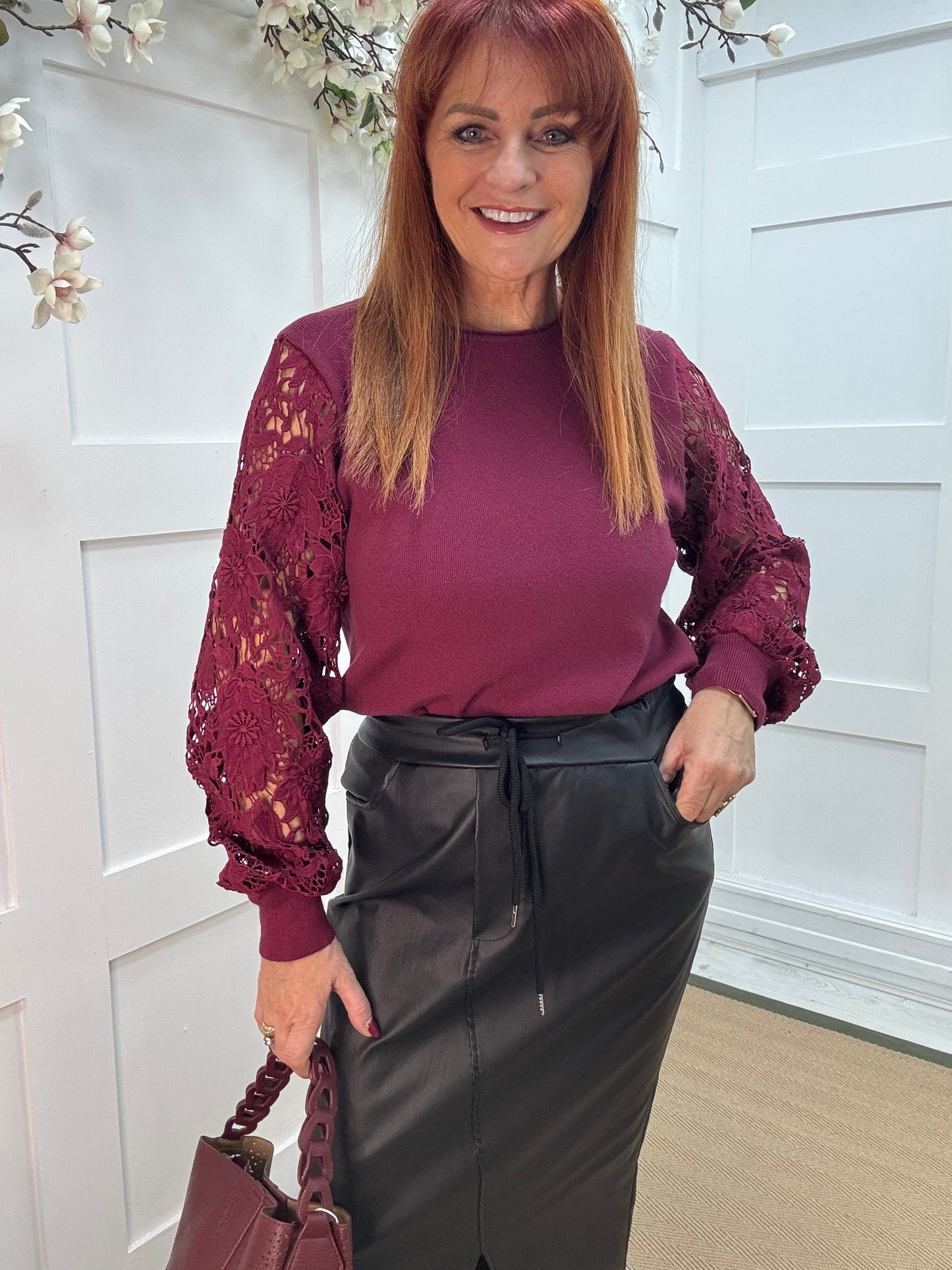 Gemma: Burgundy crochet balloon sleeve top. One size 12-16