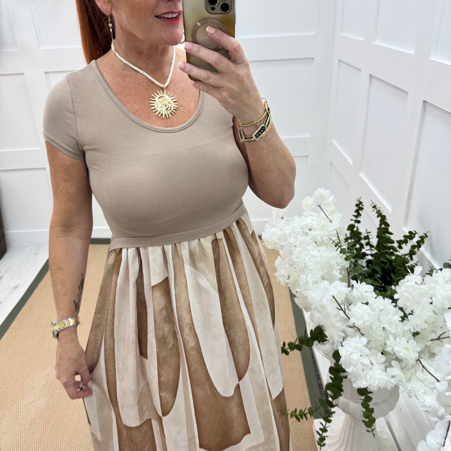 Willow: Beige & multicoloured T shirt dress. One size 10-18