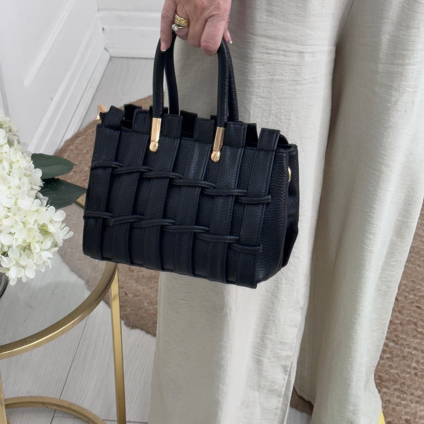 Misha: Small black weave tote bag