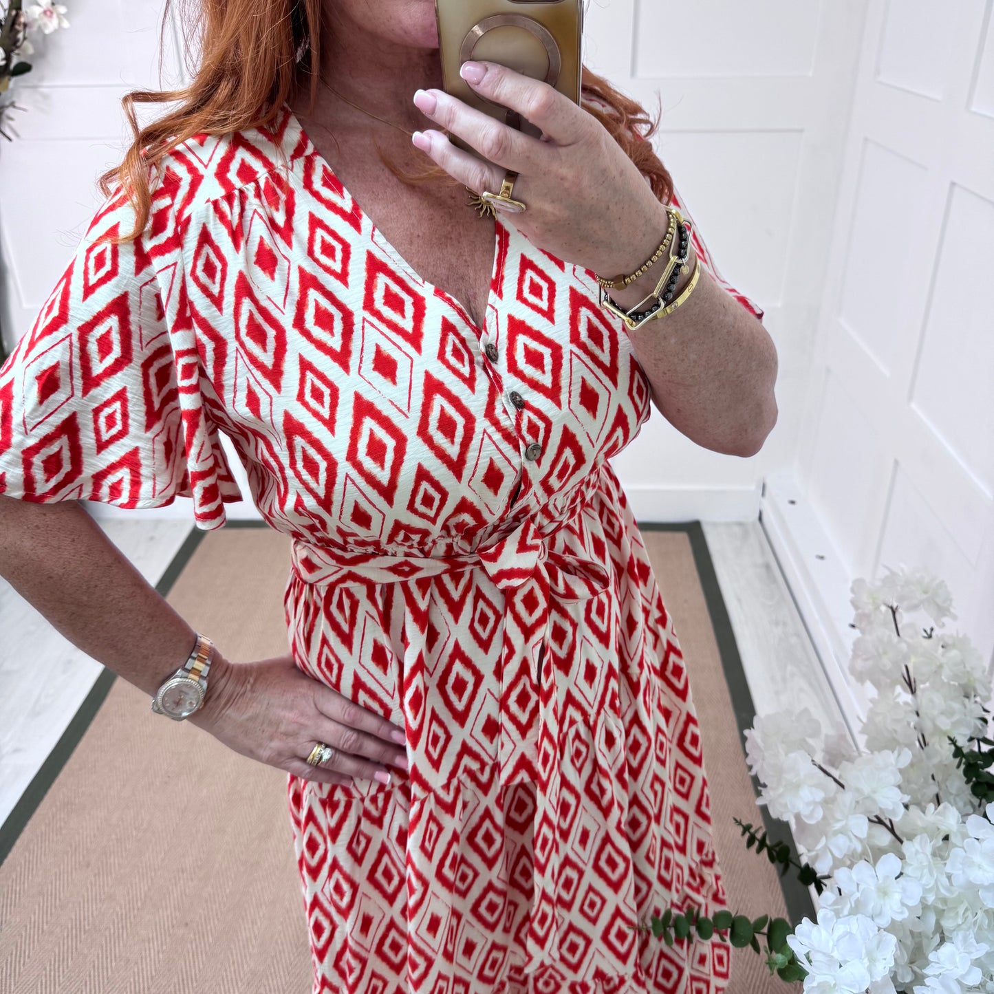 Yamina: Red & white diamond V neck midi dress. 4 sizes