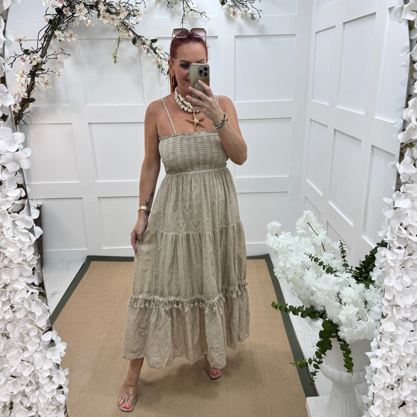 Perrie: Stone broderie Anglaise strappy midi dress. One size: 10-18