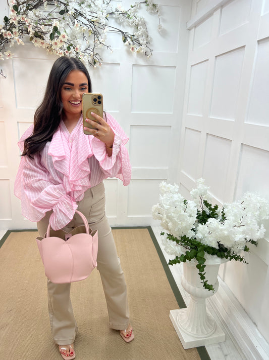 Raye: Pink striped ruffle blouse. One size 10-14