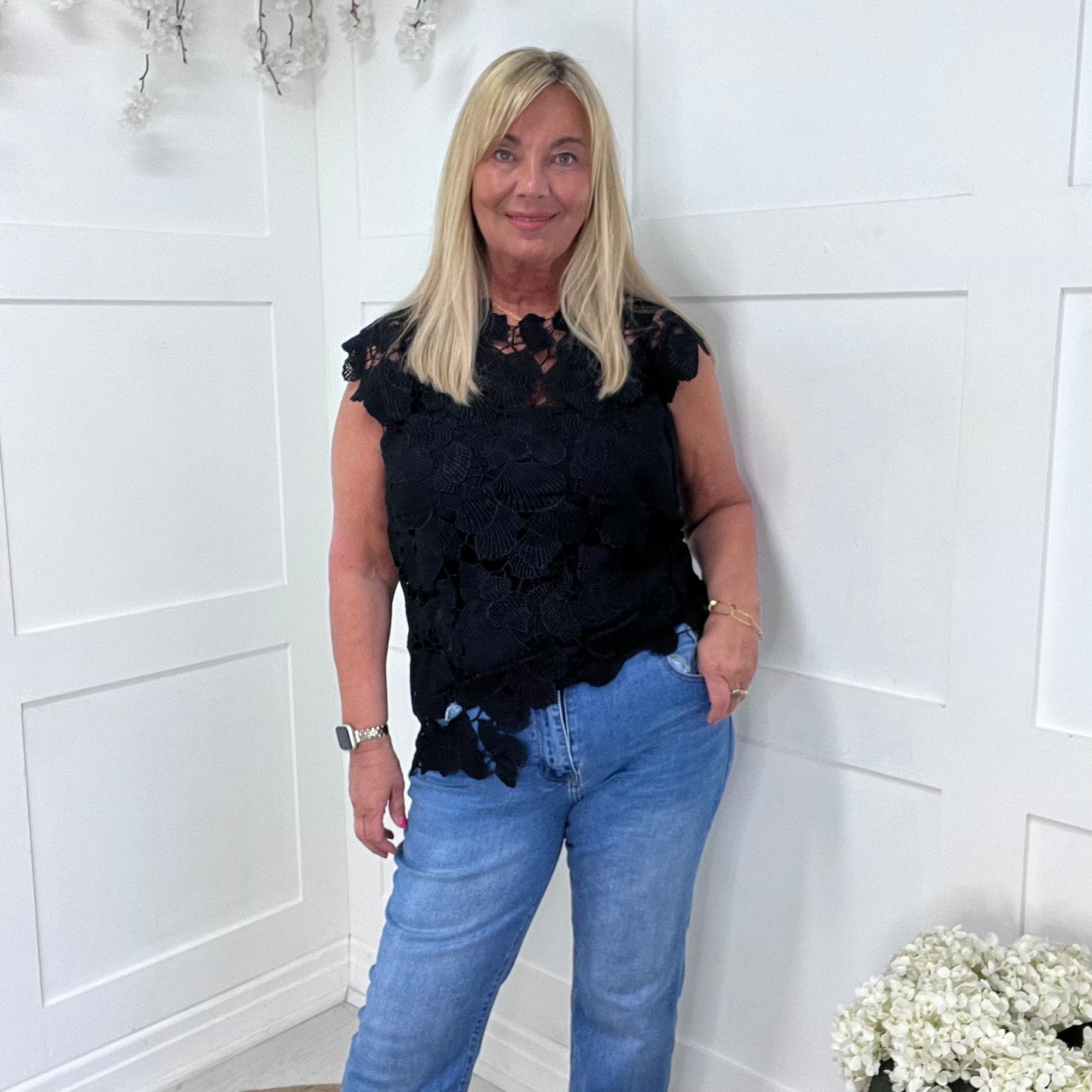 Camille: Black open lace asymmetrical top. One size: 12-16