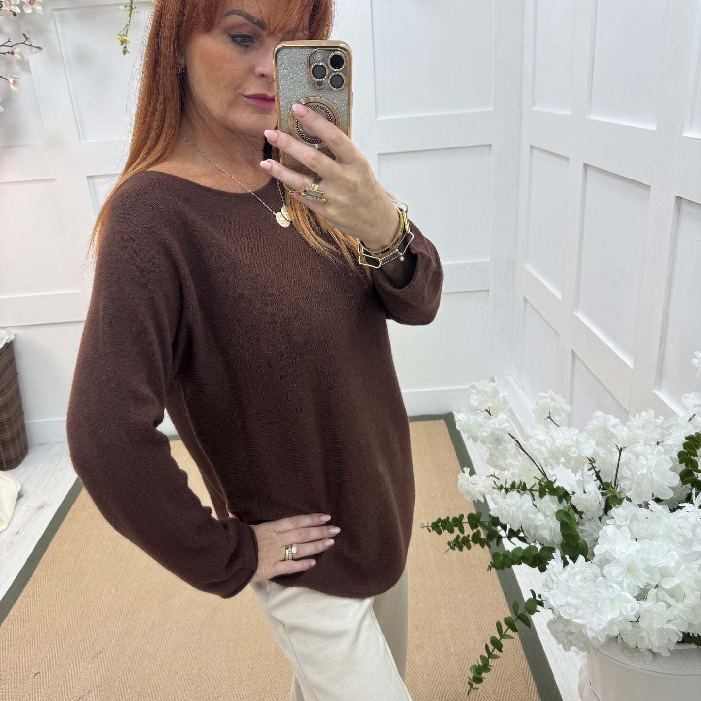 Mindy: Brown plain long sleeve knit top. One size: 10-16/18