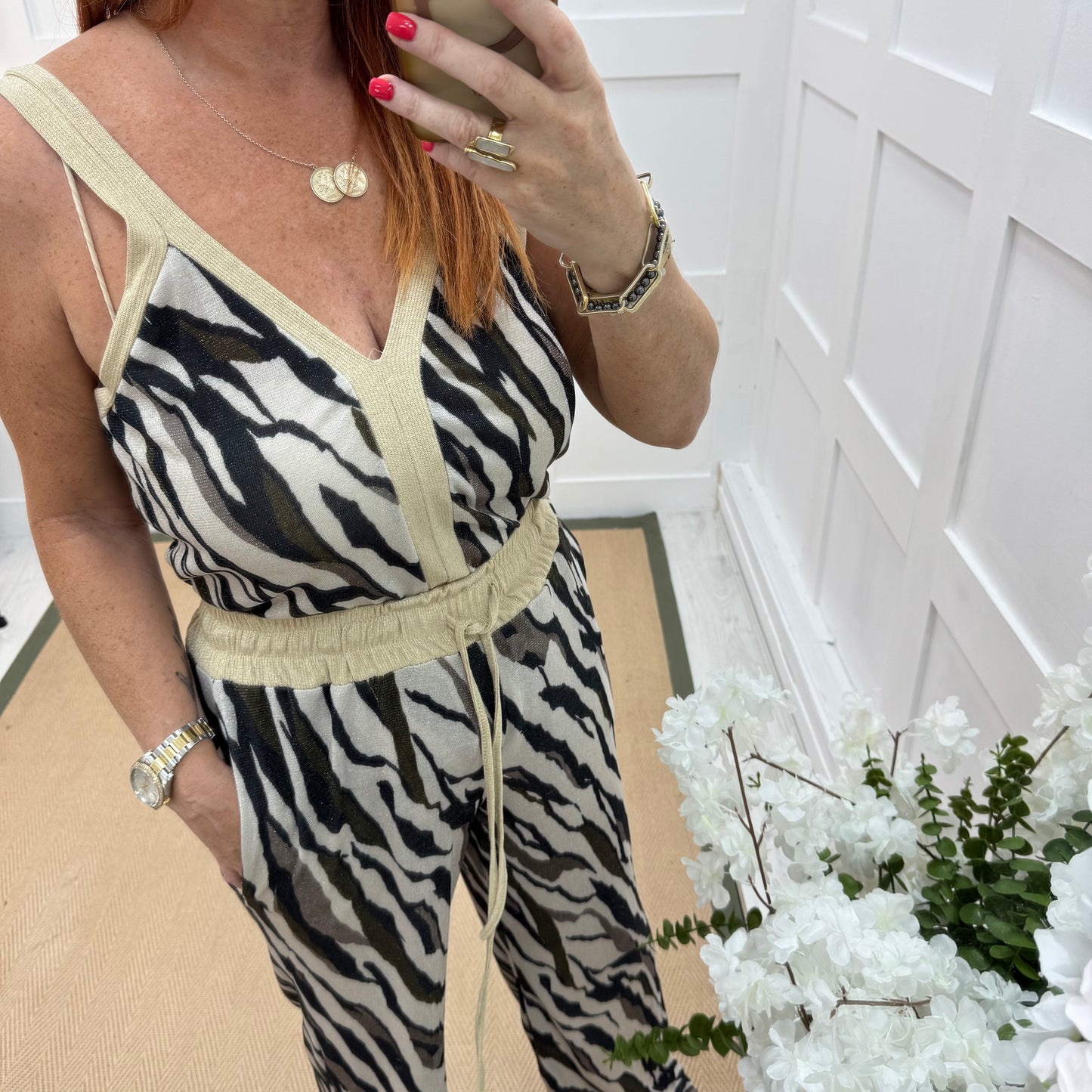 Trinny: Black zebra print top & trouser co-ord set. One size: 10-18