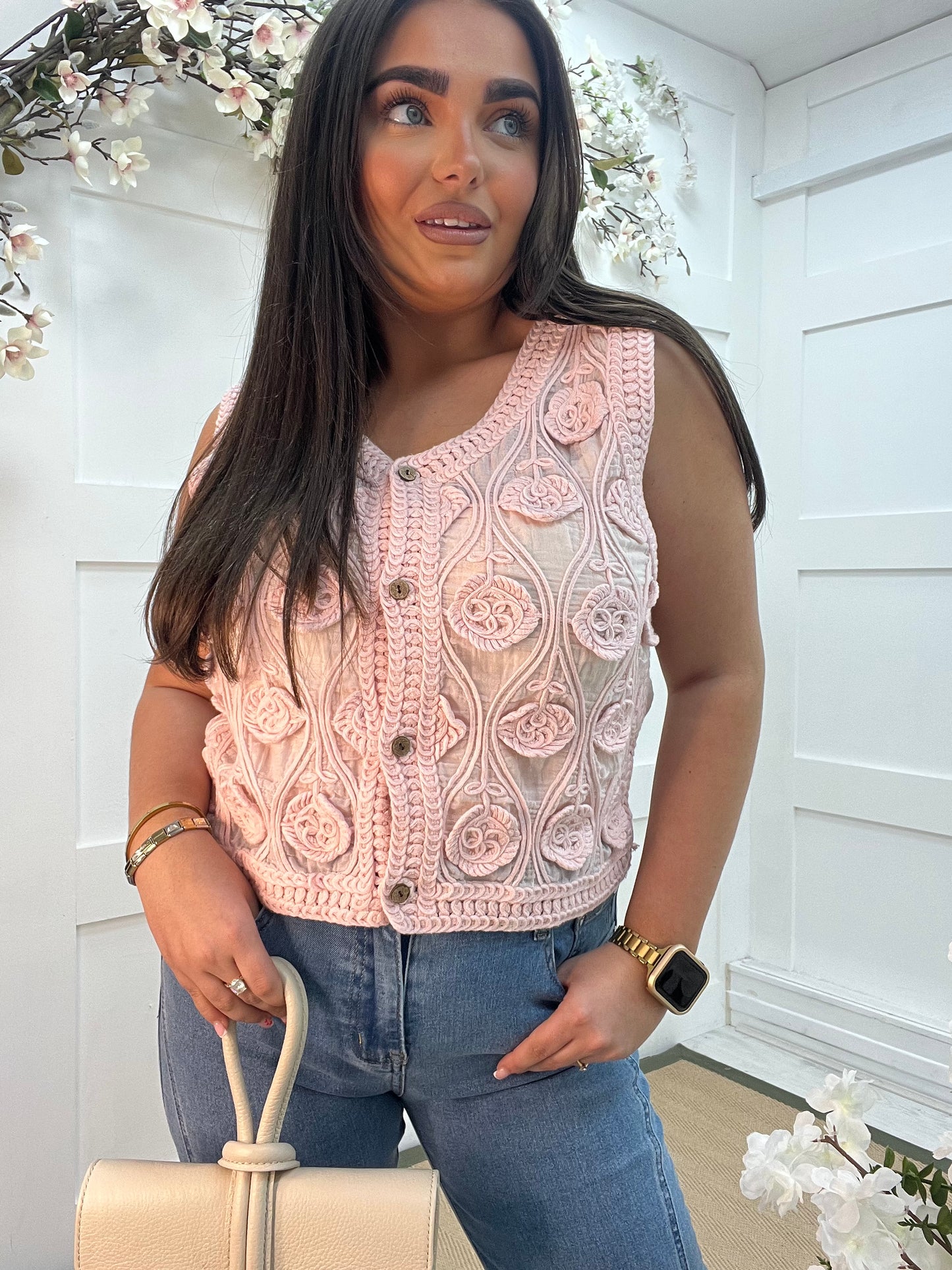 Rosie: Pink floral embroidered waistcoat top. One size: 10-14