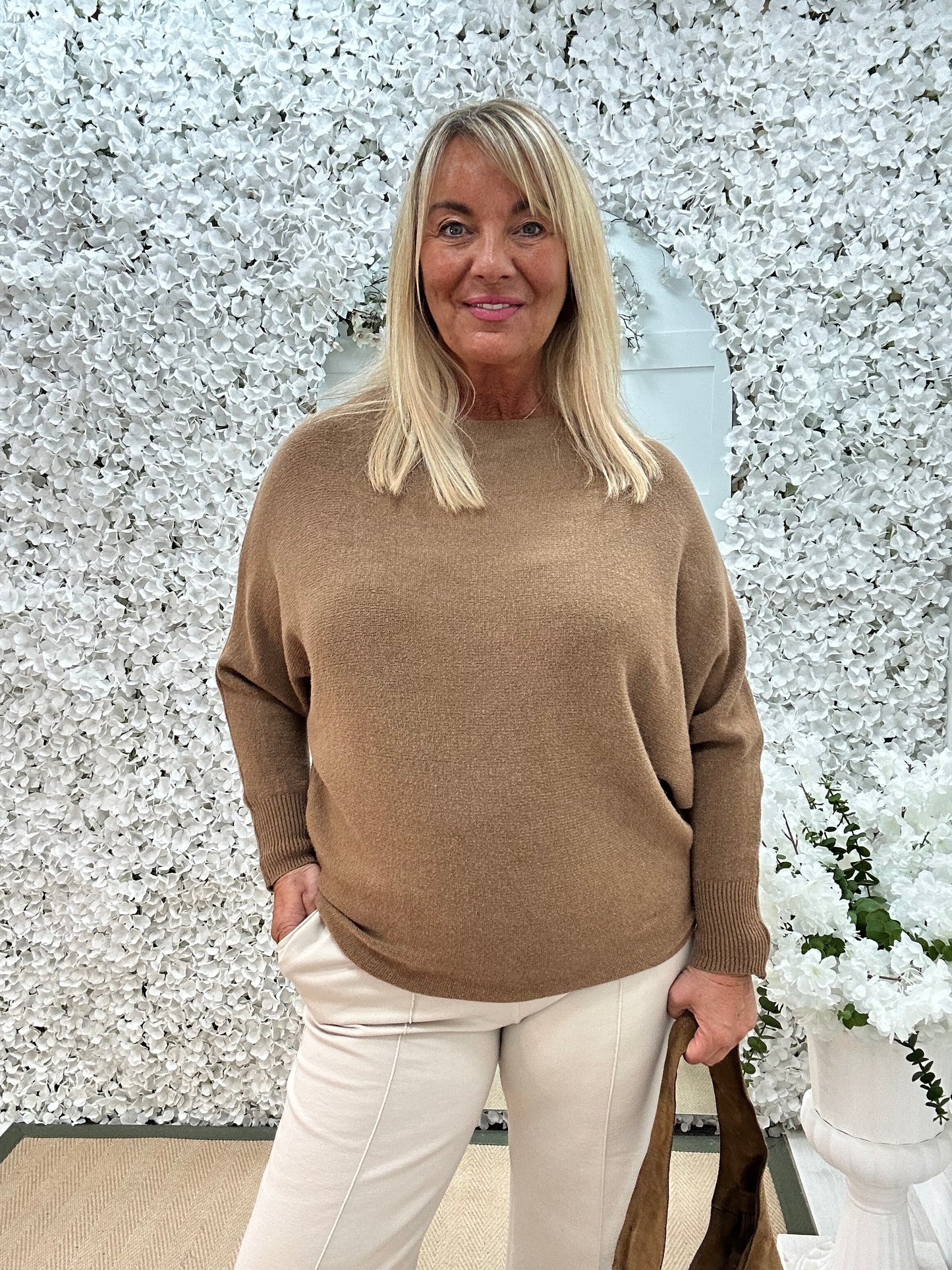 Sammi: Caramel batwing knitted top. One size: 12-18/20