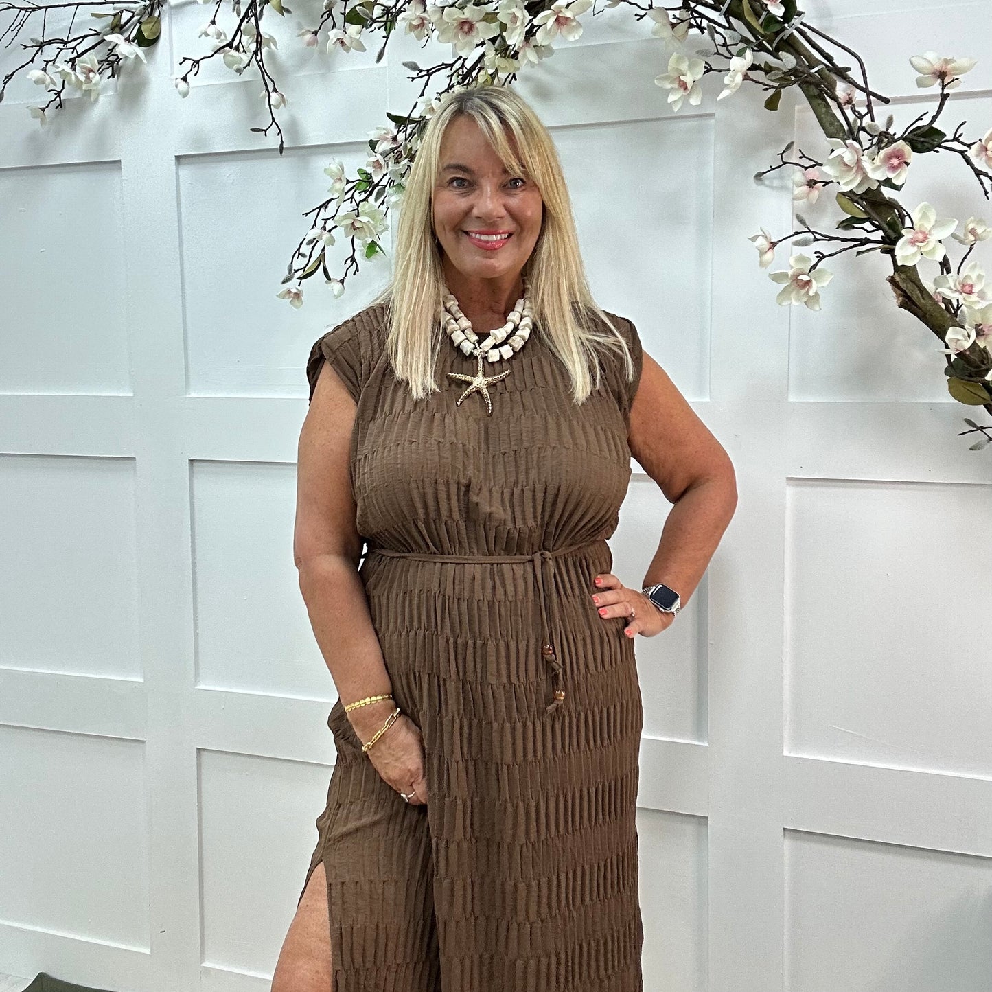 Serena: Brown waffle belted midi dress. One size 14-20