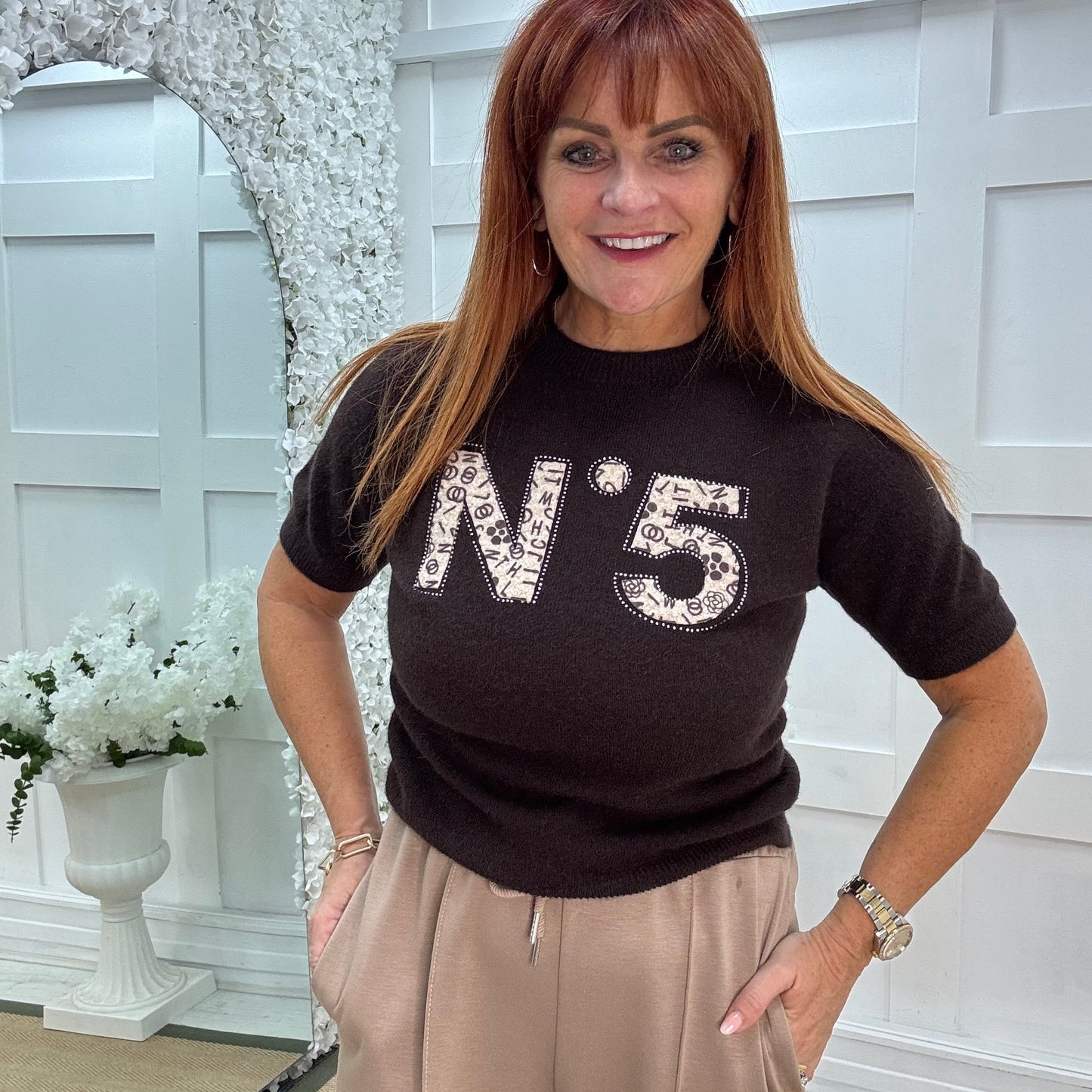 Chantelle: Brown No 5 logo knit top. One size: 10-16