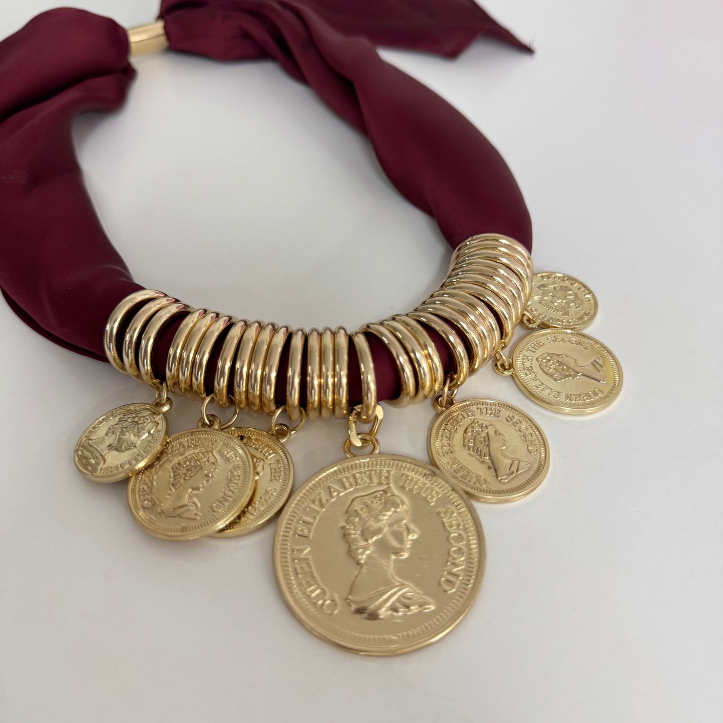 Petra: Burgundy & gold coin scarf statement necklace