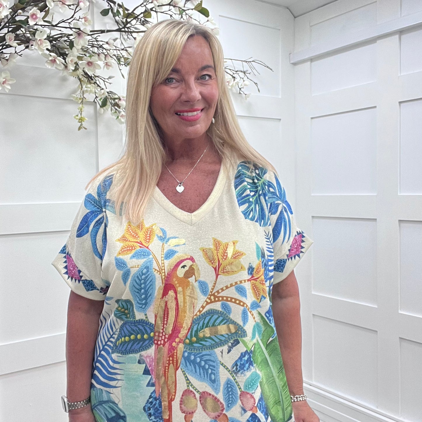 Phillipa: Blue & cream tropical fine knit dress. One Size: 14-20
