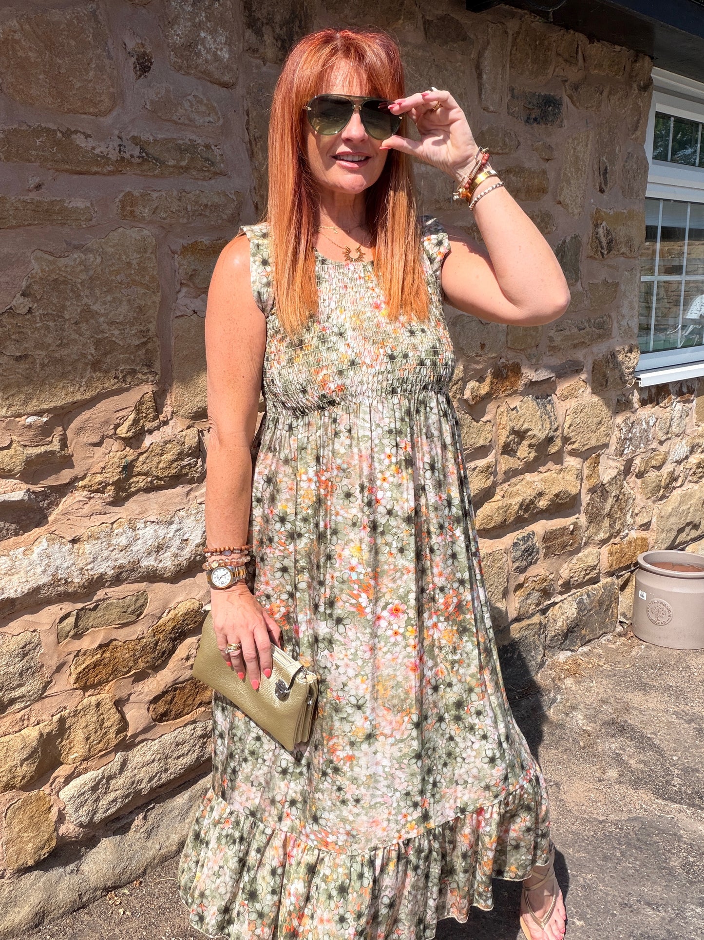Carmen: Floral shirred midi dress. One size 10-16. Various colours