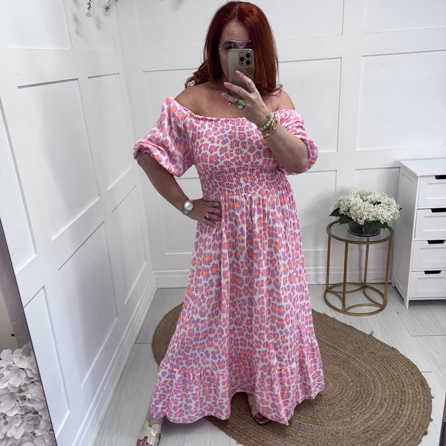 Cici: Lilac & orange leopard print stretchy maxi dress. One size: 10-22