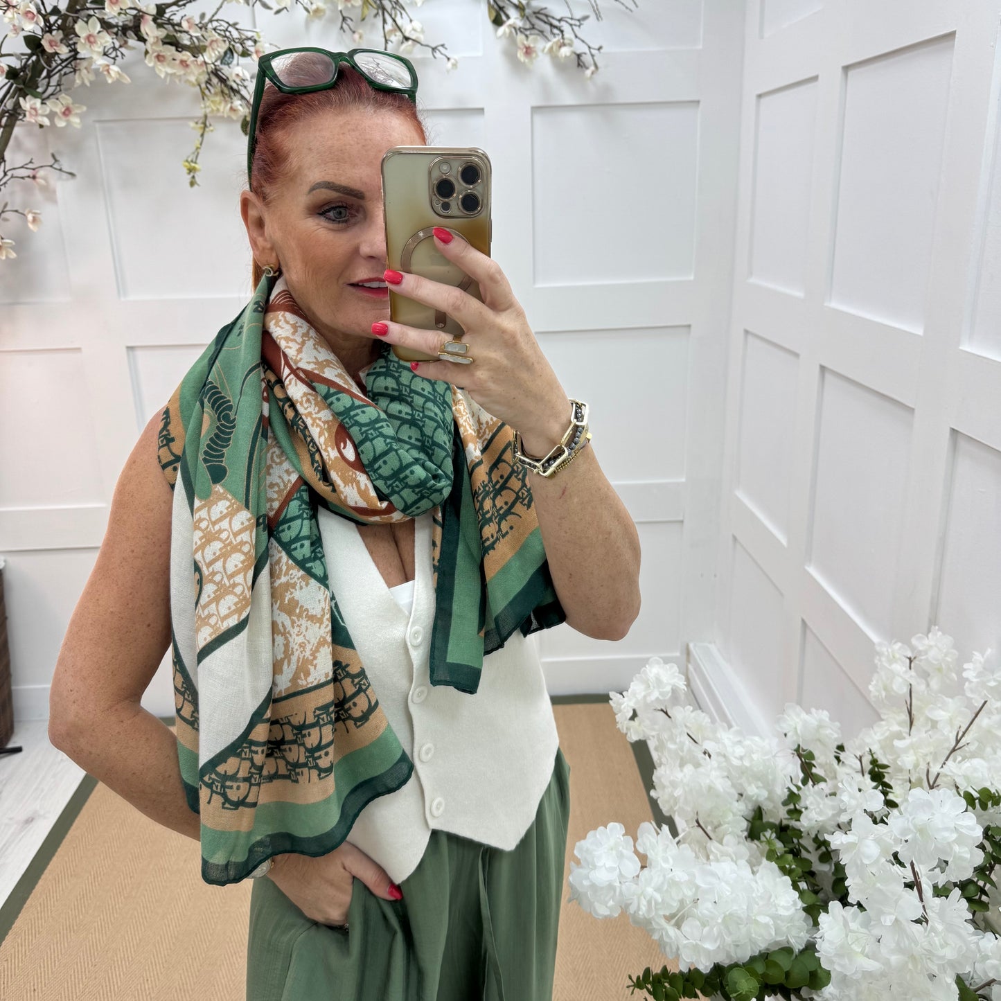 Dion: Green & cream designer inspired scarf