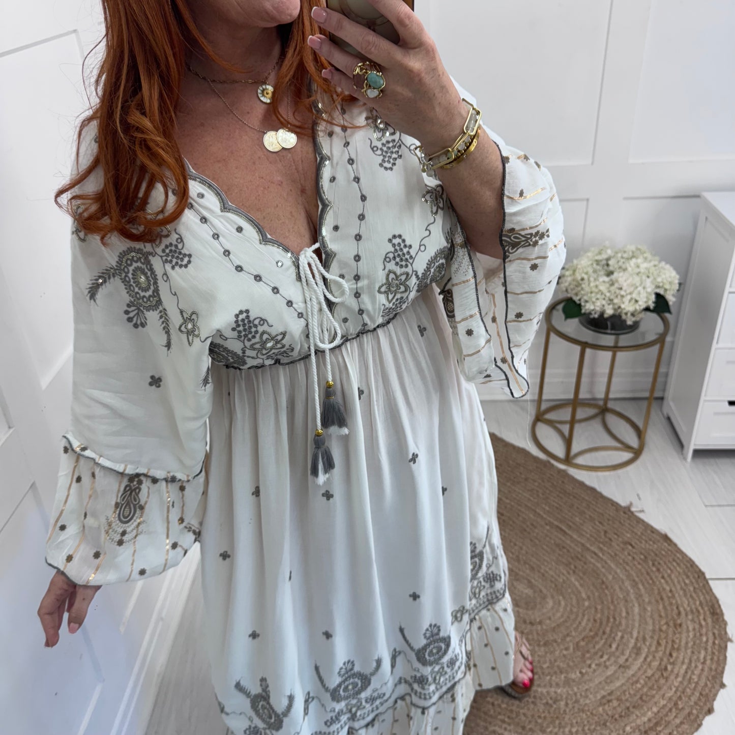 Carlie: White & grey bohemian maxi dress. One size: 12-18