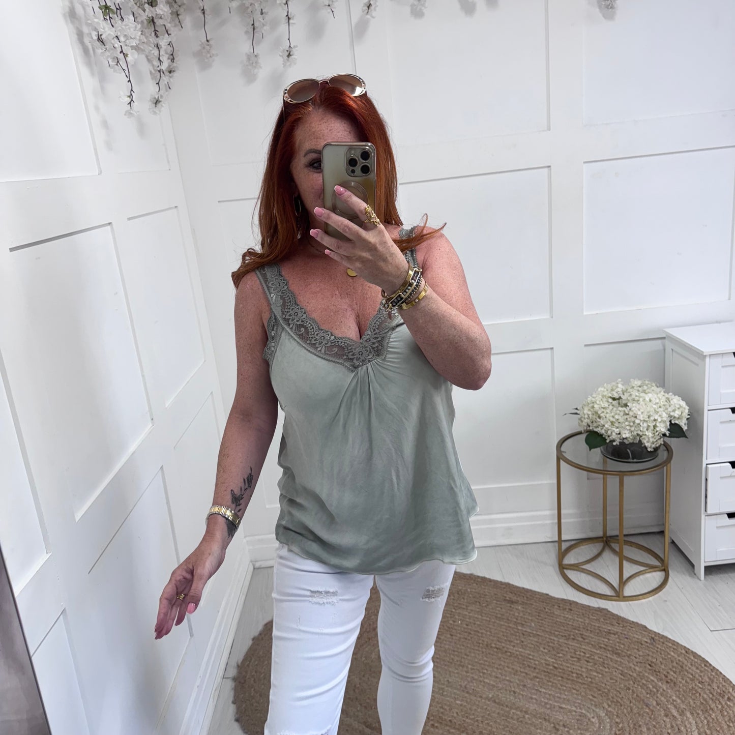 Sylvie: Khaki strappy silky lace vest top. One size 10-16
