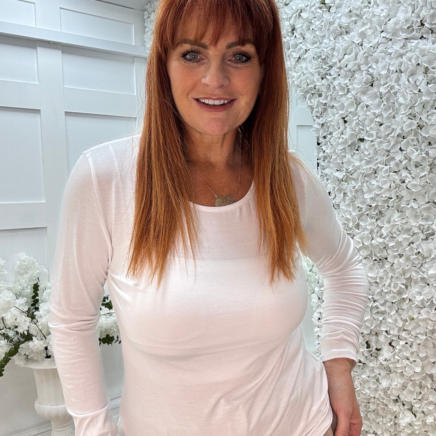 Bessie: White basic long sleeve top. One size: 10-16/18