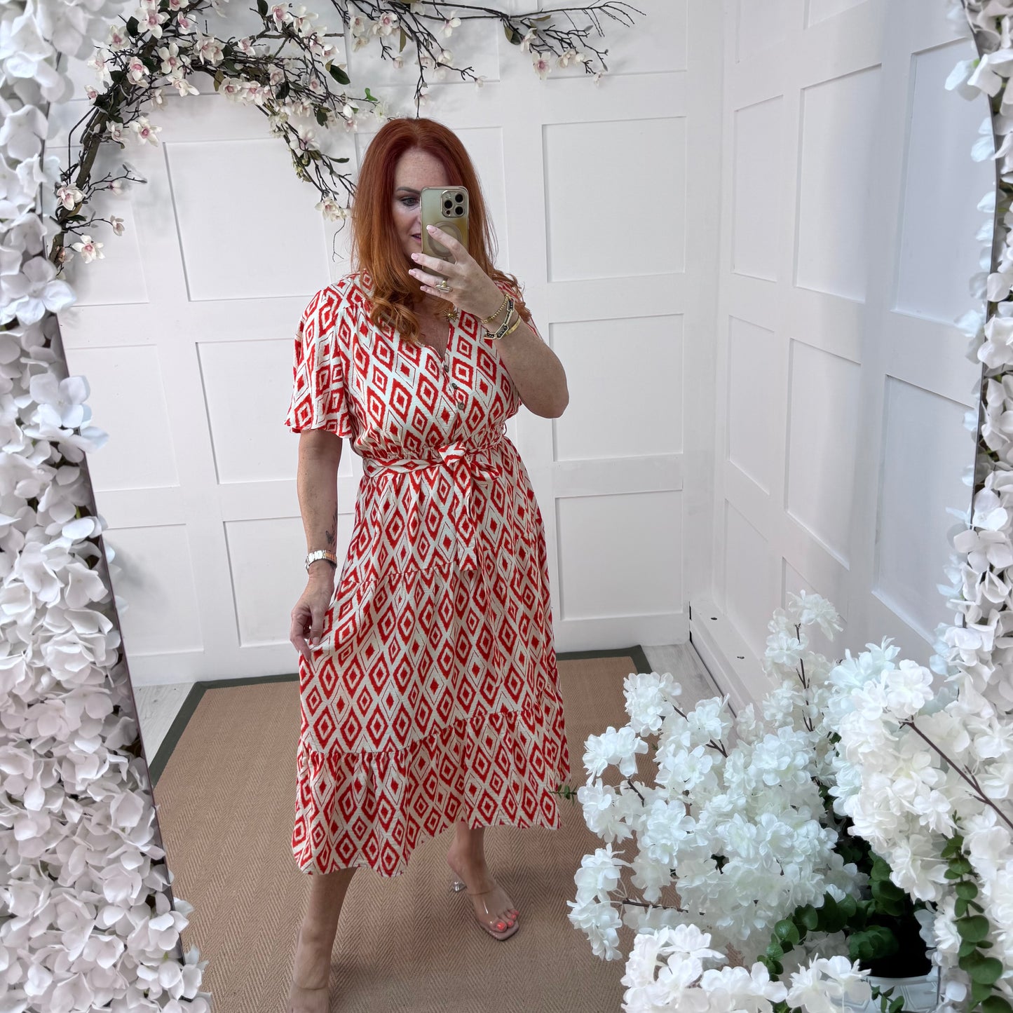 Yamina: Red & white diamond V neck midi dress. 4 sizes