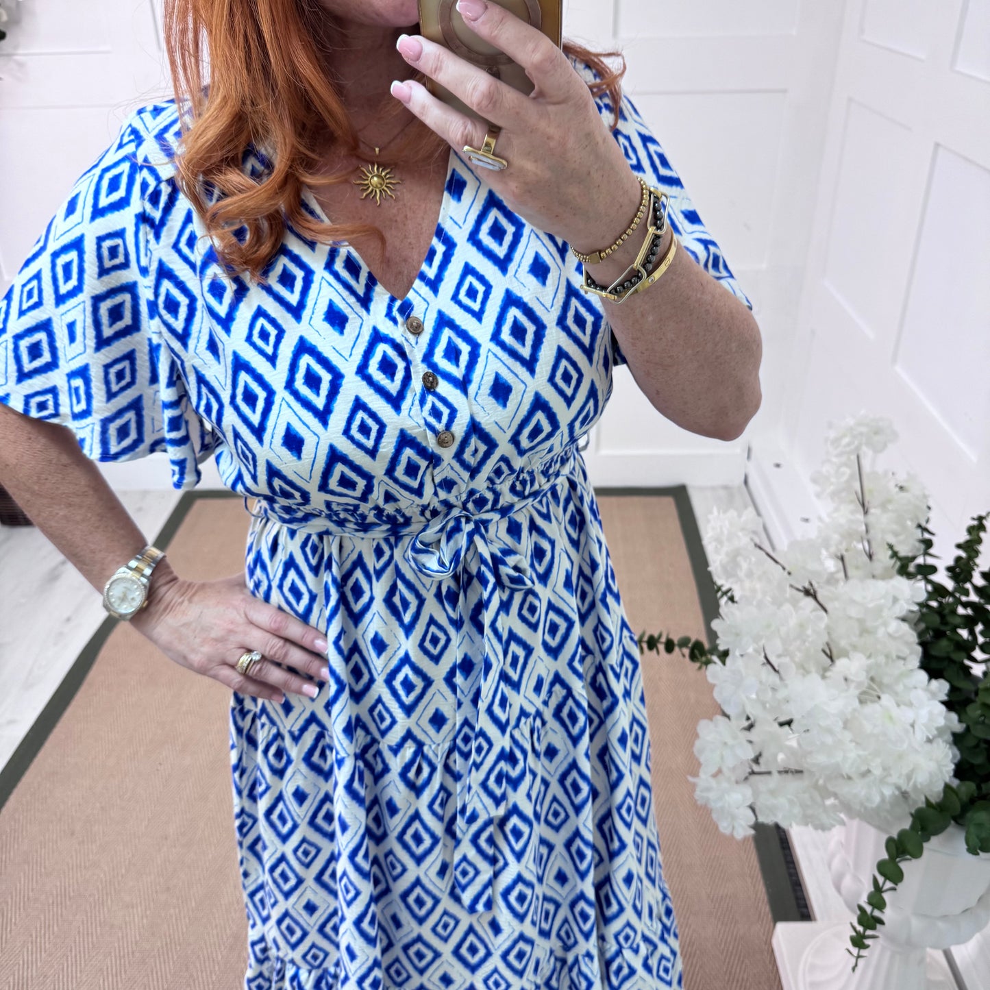 Yamina: Blue & white diamond V neck midi dress. 4 sizes