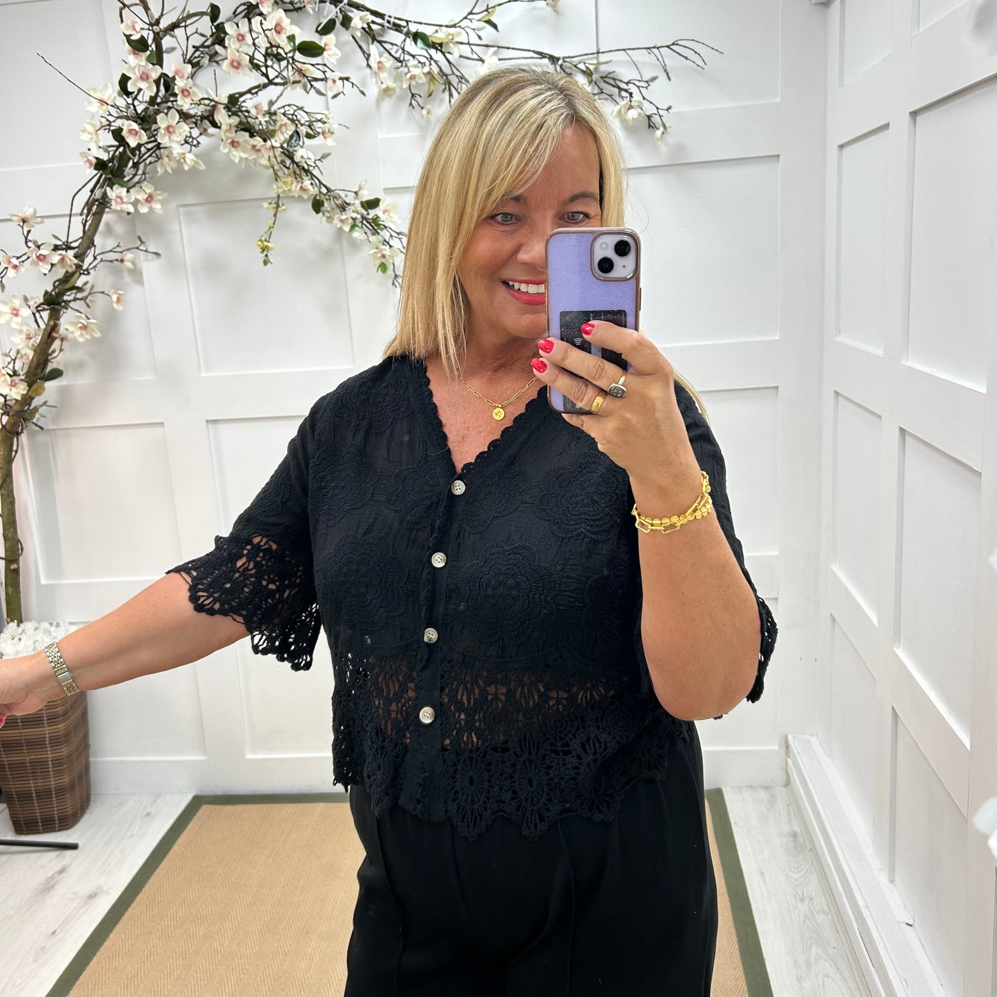 Effie: Black embroidered cardigan top. One size: 12-18