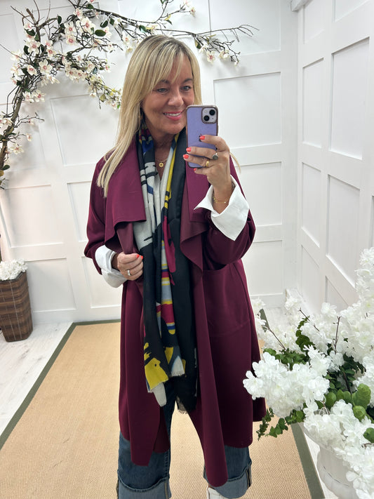 Marlowe: Burgundy waterfall coat with pockets. One size 14-20