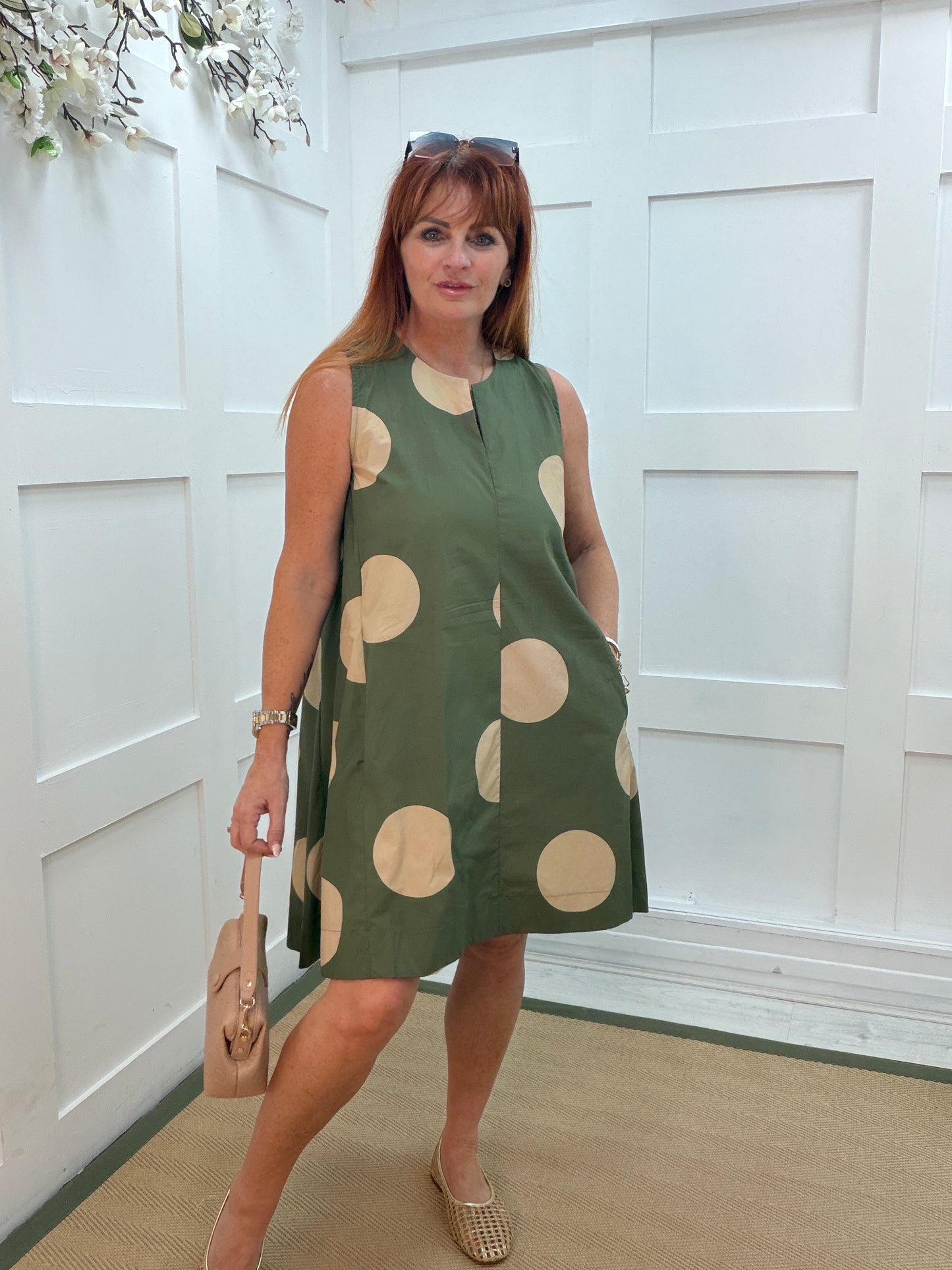 Penelope: Polka dot sleeveless dress with pockets. One size 10-14. 2 colours