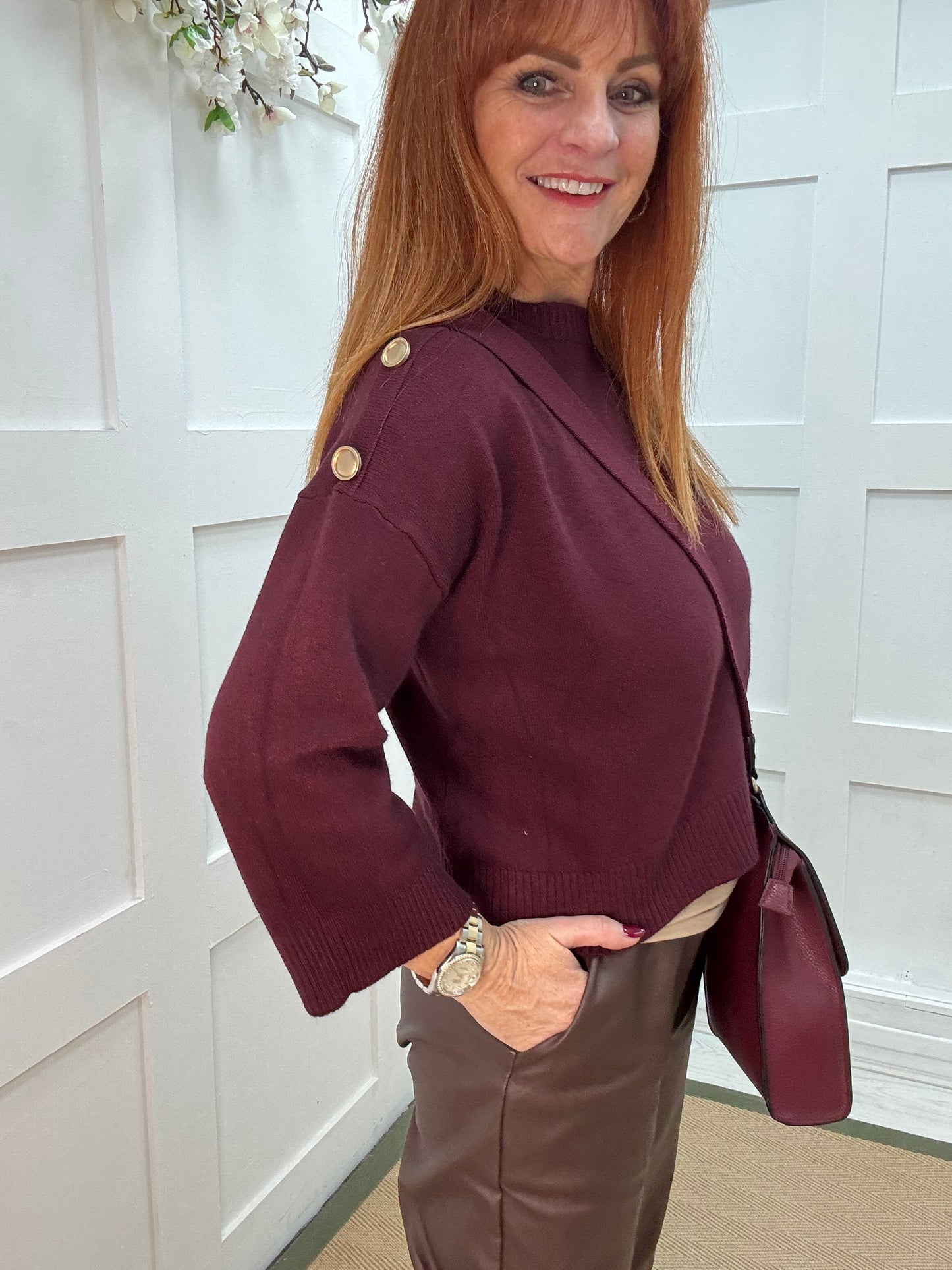 Lorna: Burgundy gold button knitted top. One Sz: 10-16