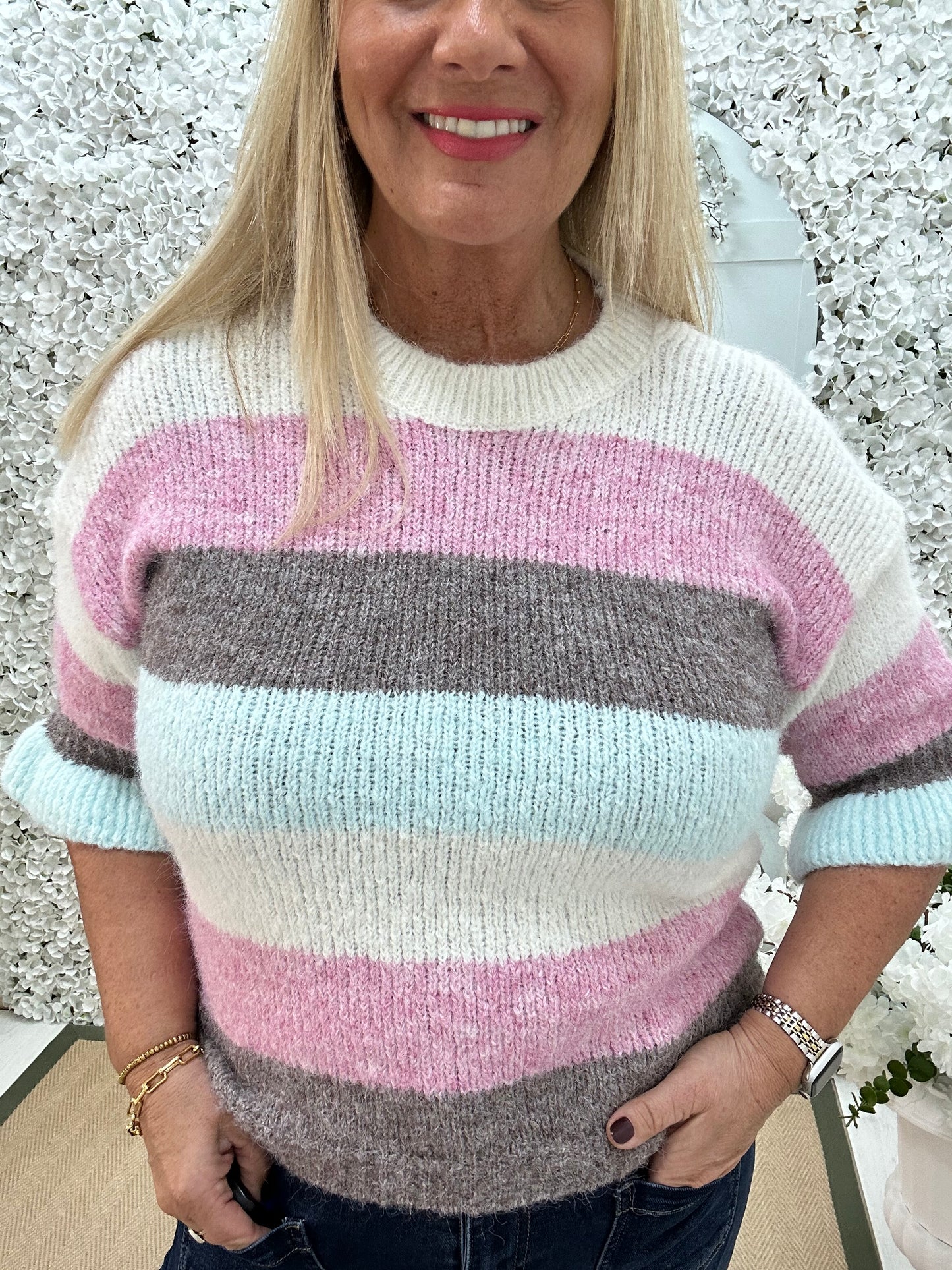 Bloom: Cream stripe knit. One size 14-18