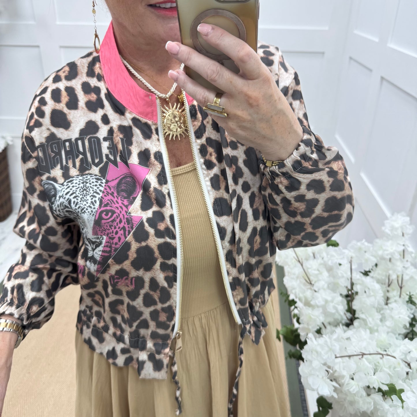 Briony: Silky pink & leopard printed bomber jacket. One size: 10-18